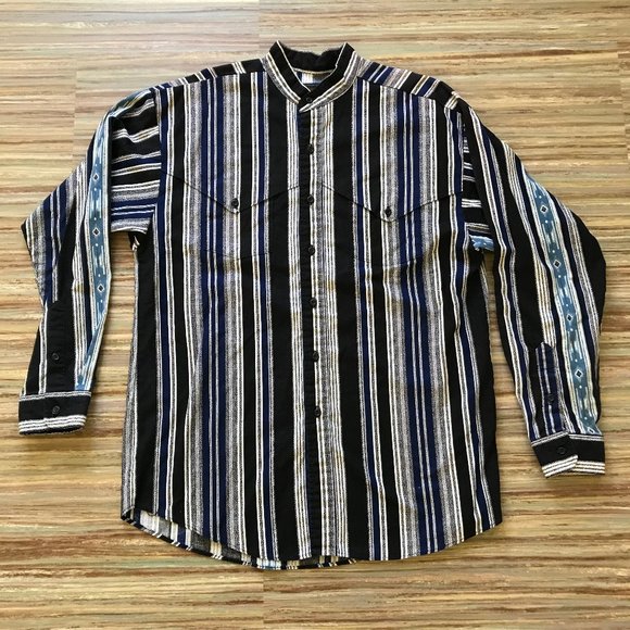 Panhandle Slim Men's Band Collar Western Shirt with Yoke Overlay Blue Stripe - Picture 3 of 6